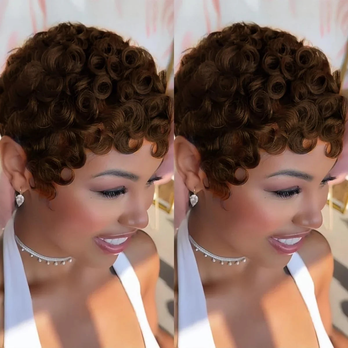 Brazilian Remy Human Hair Wig - Short Curly Pixie Cut Full Machine-Made Wig for Women