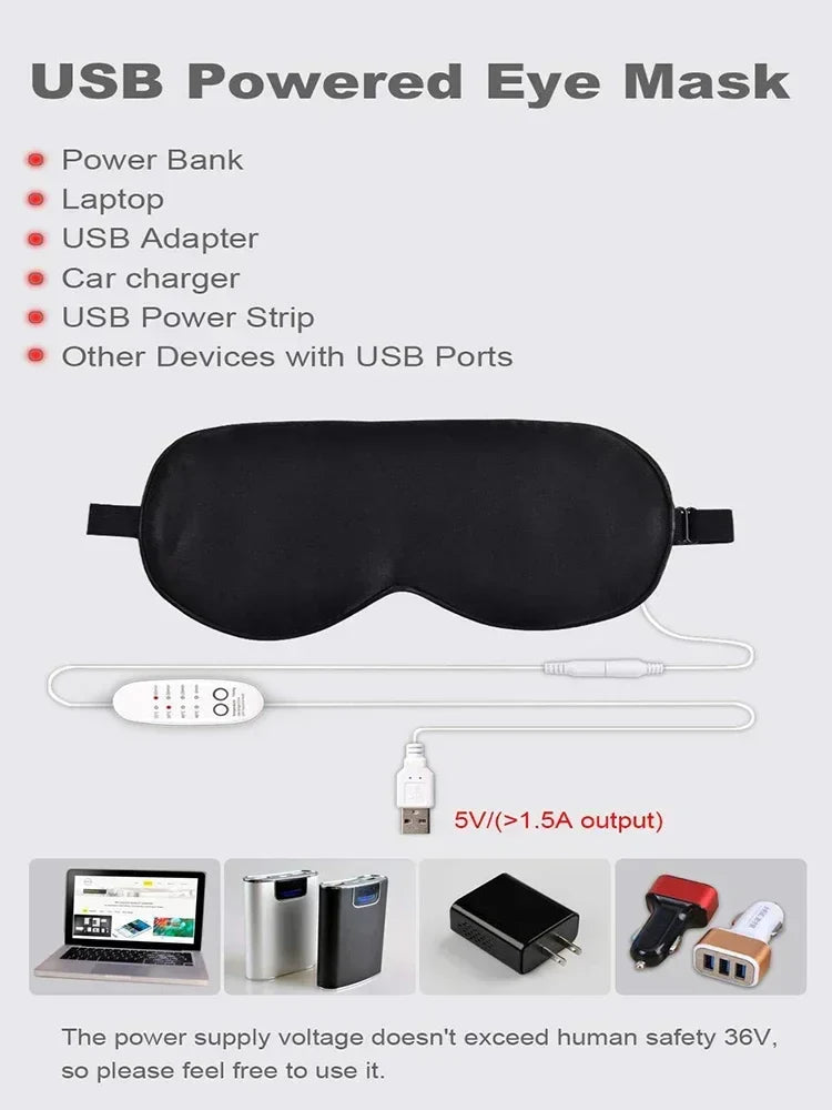 USB Heated Silk Eye Mask — Reusable Steaming Eye Massager for Sleep, Puffiness, Dark Circles & Eye Care