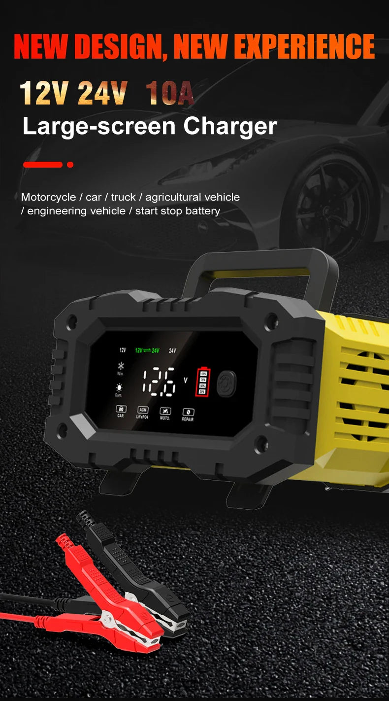12V/24V Fully Automatic Smart Battery Charger — 7-Segment Pulse Repair for AGM, GEL, WET Lead-Acid Car Batteries