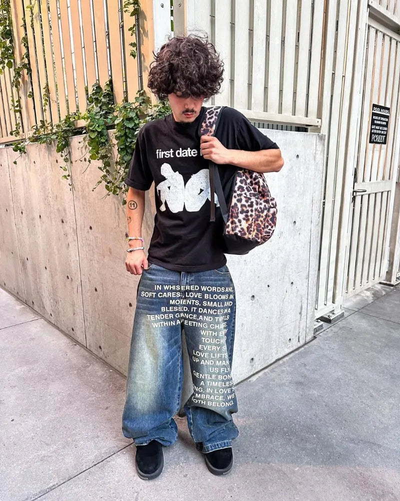 Y2K Vintage American Pattern Jeans for Men & Women – Gothic Harajuku Hip Hop Wide Leg Streetwear