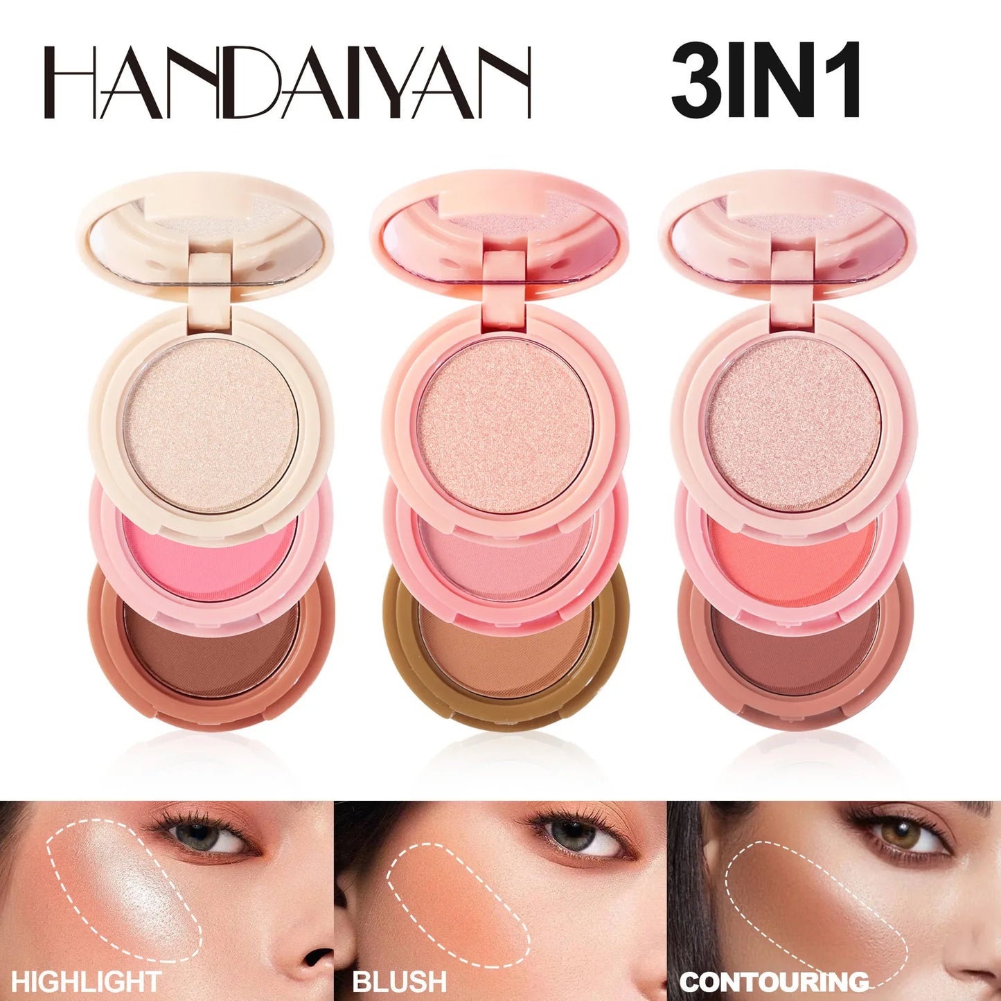 Handaiyan 3-in-1 Eyeshadow, Highlighter & Blusher Palette – Moonlight Stone Glitter Powder for Face & Nose