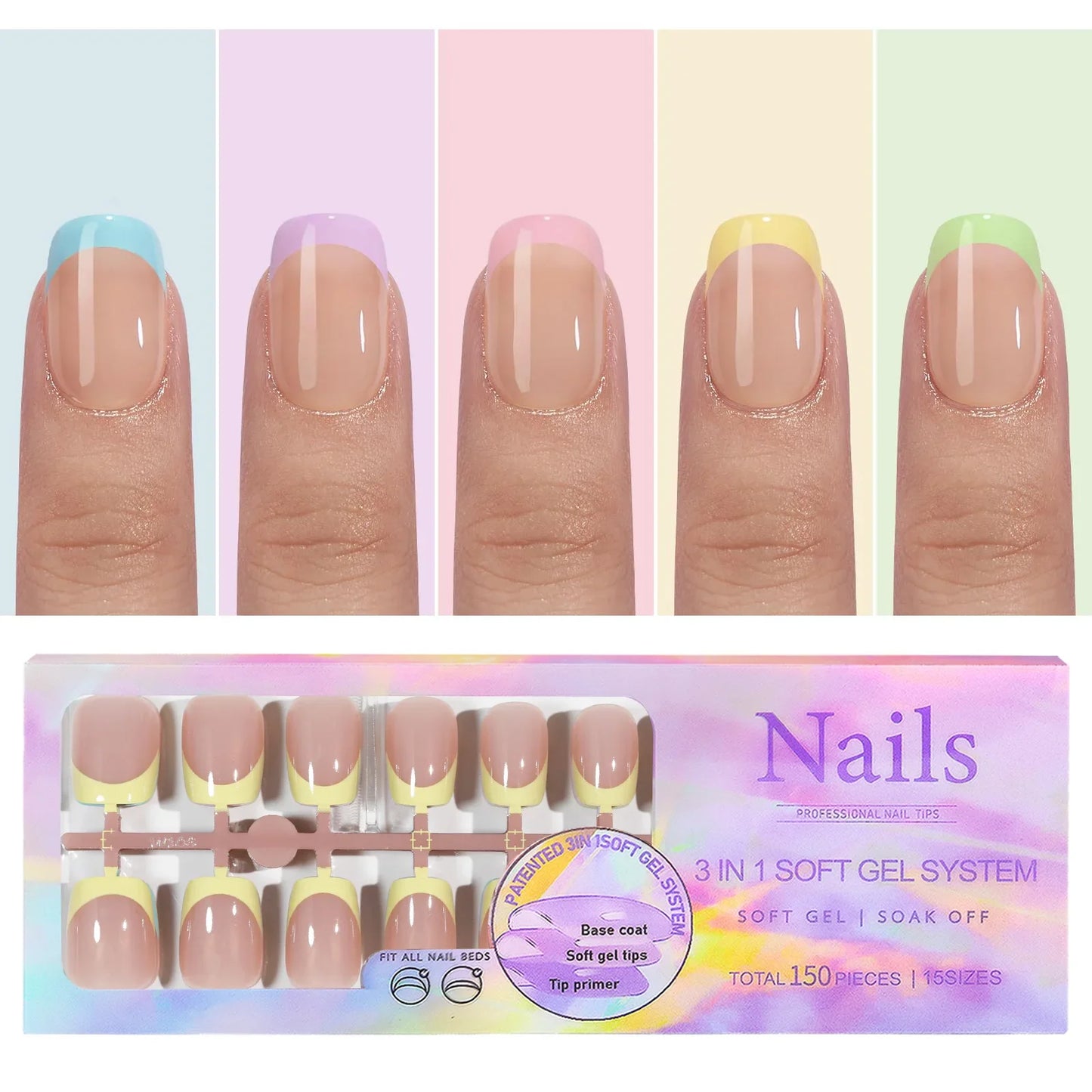 150pcs Fake Almond French Nails – Multi-Size Press-On Acrylic Nails in 6 Colors, Removable & Convenient
