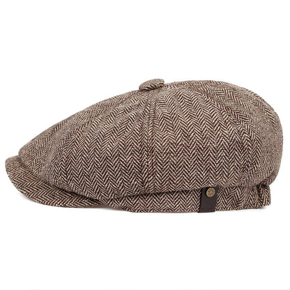 Men's Retro Newsboy Cap - Octagonal Flat Hat with Herringbone Design, British Painter Style Beret for Autumn and Winter