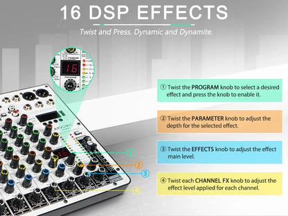 ARVOMIC 6 Channel DJ Audio Mixer – USB Interface, Bluetooth, 16 DSP Effects, 3-Band EQ (ARMX-6)