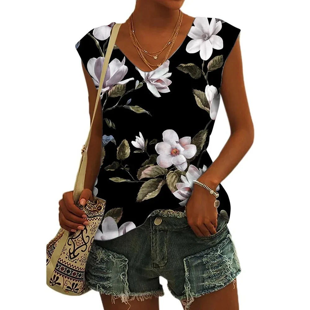 Women’s Floral Print T-Shirt - V Neck Cap Sleeve Loose Fit Summer Beach Top with Breathable Casual Style