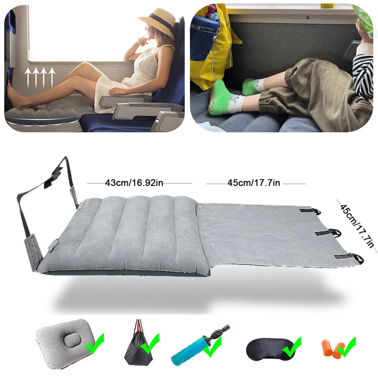 Adjustable Footrest Hammock - Portable Inflatable Bed for Car, Train, Airplane Travel, Camping - Comfortable Car Mattress for Babies and Adults - Essential Car Air Accessory