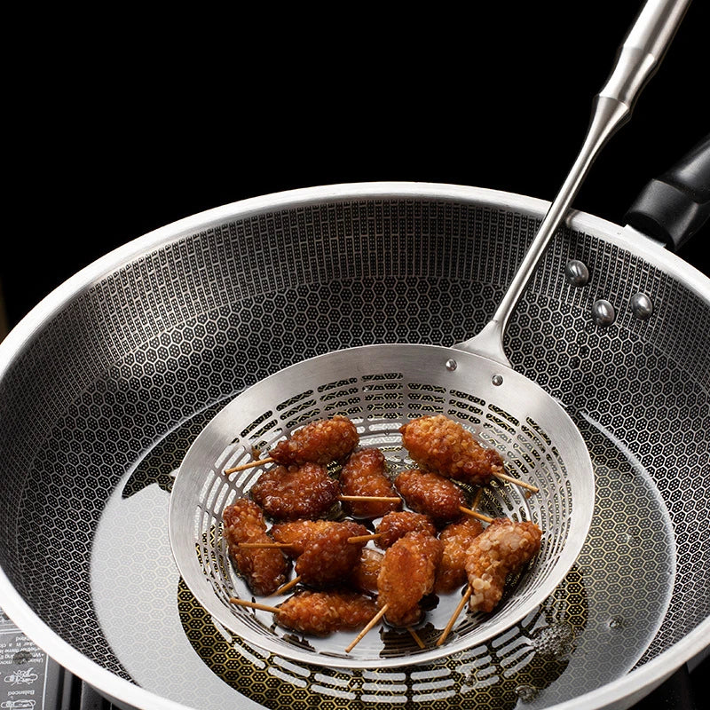 3 Sizes Round 304 Stainless Steel Strainer Set – Long Handle Kitchen Sieves for Hot Pot, Oil Filter & Cooking Tools