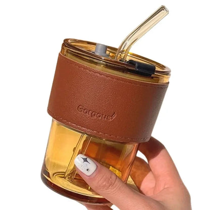 400ml Double Drinking Mouth Water Bottle – Transparent Glass Coffee Mug with Straw & Lid, Creative Beer & Beverage Cup