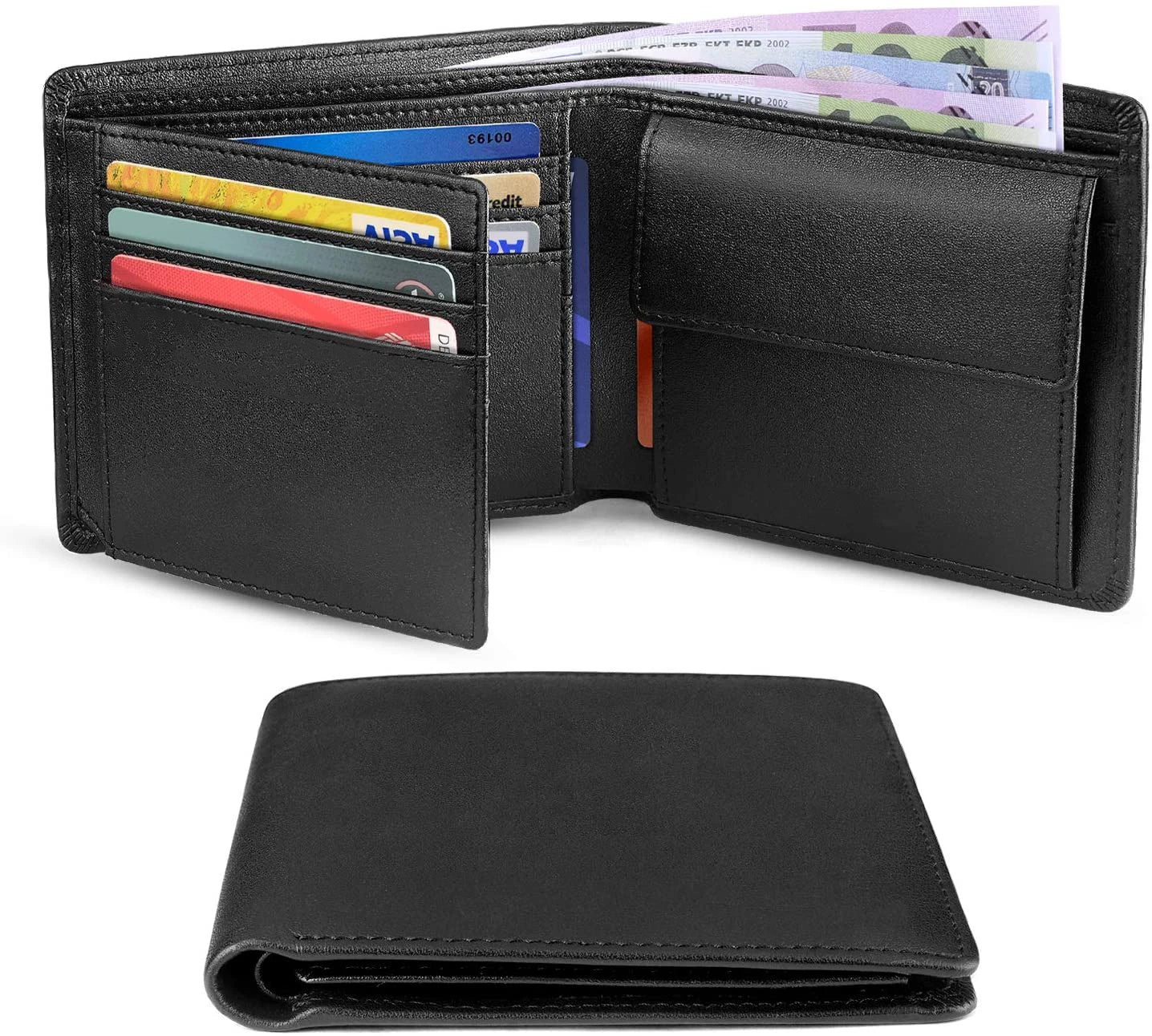 Men’s Slim RFID Blocking Genuine Leather Wallet — Coin Pocket, 2 Banknote Compartments & 10 Credit Card Slots