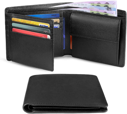 Men’s Slim RFID Blocking Genuine Leather Wallet — Coin Pocket, 2 Banknote Compartments & 10 Credit Card Slots
