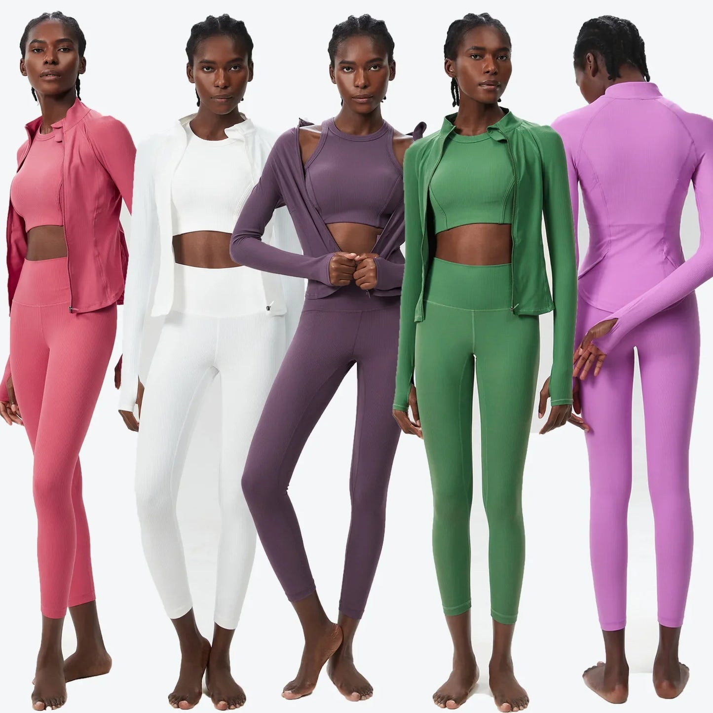 3PCS Women’s Fitness Yoga Set – Solid Color Ribbed Long Sleeve Top & High Waist Leggings, Breathable Workout Sportswear