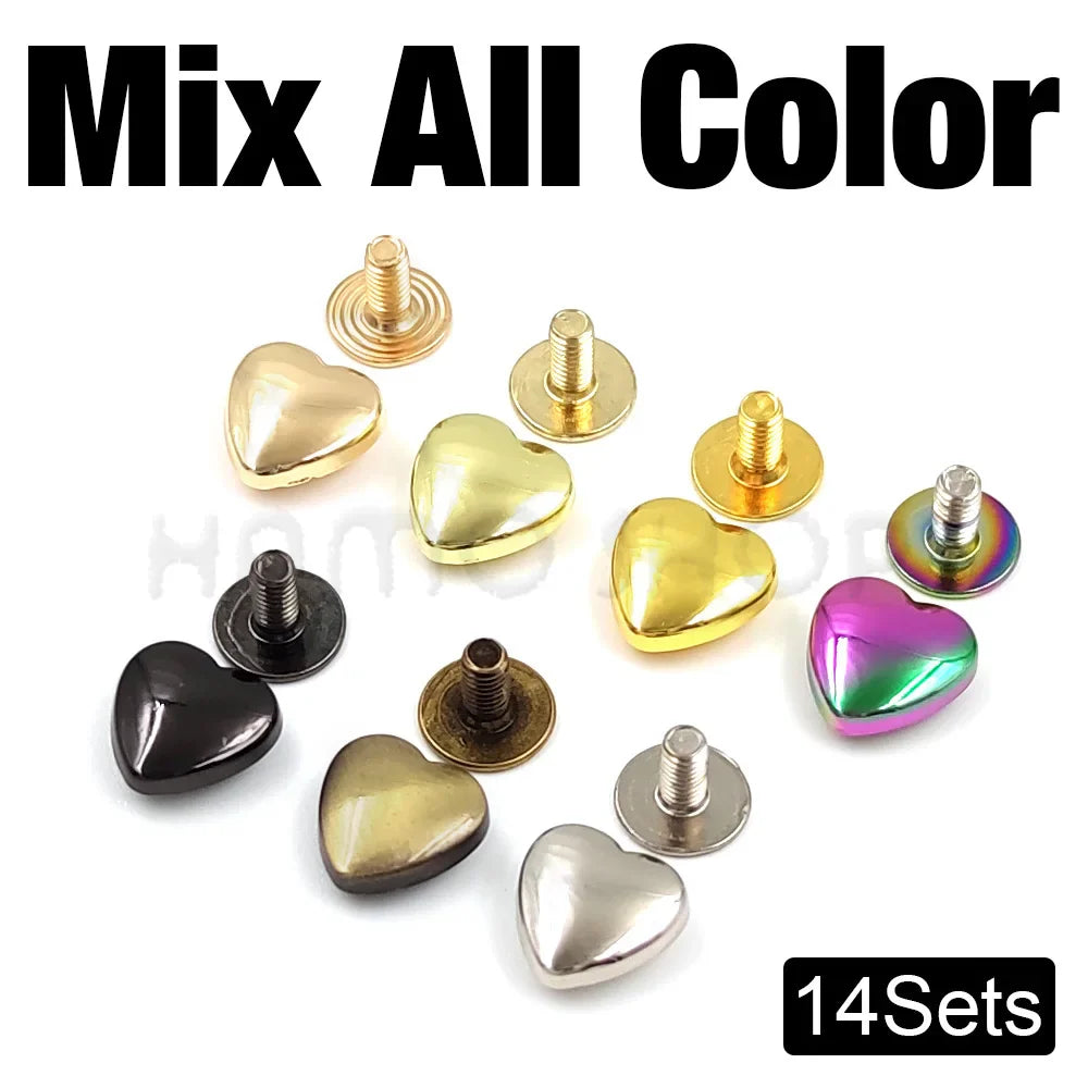 10 Set Heart-Shaped Metal Screwback Rivets 10/14mm – Screw Studs for Leathercraft, Garments, Belts & Bags