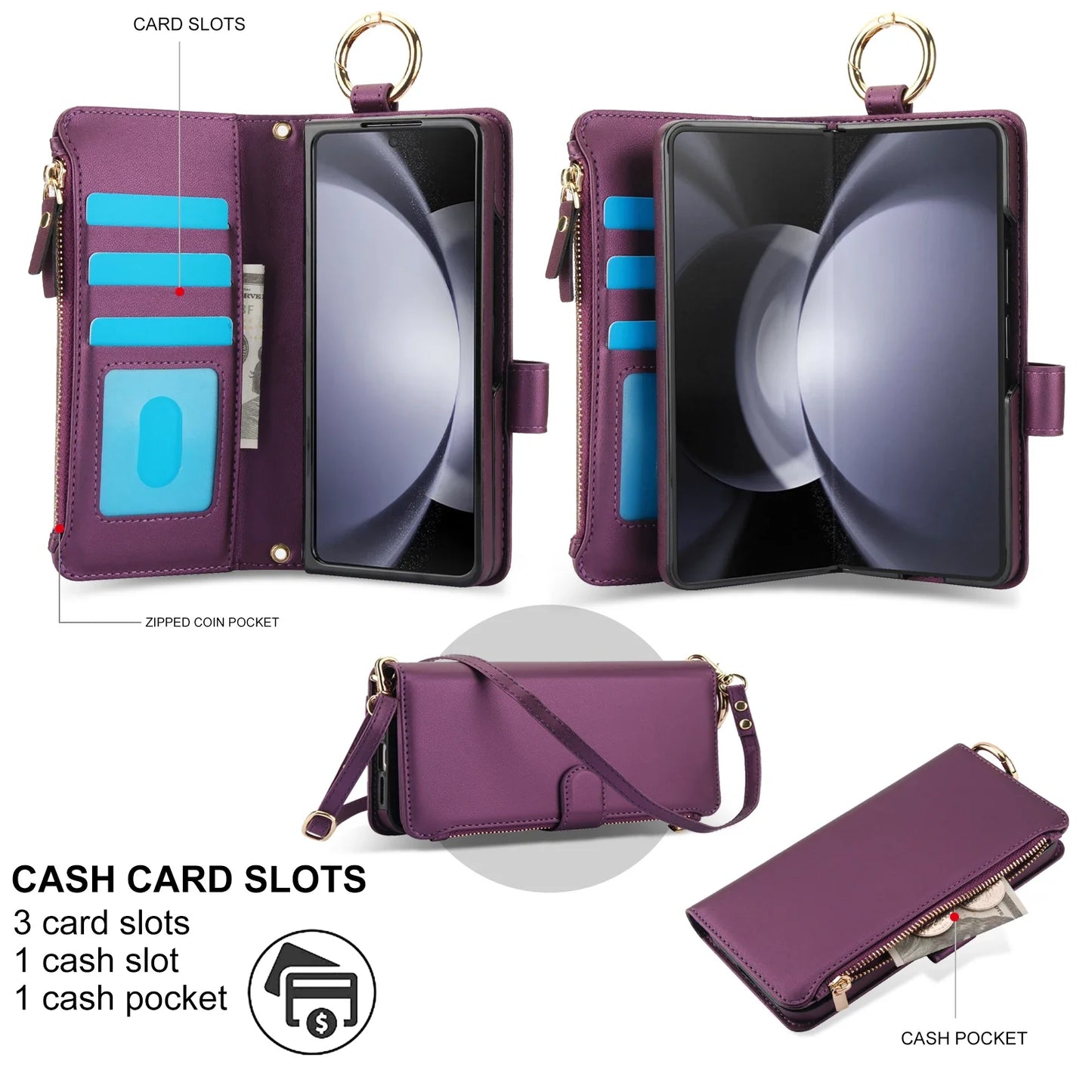 Crossbody Leather Wallet Case with Card Slots, Zipper & Kickstand for Samsung Galaxy Z Fold 3/4/5/6 – Wristband & Ring Holder
