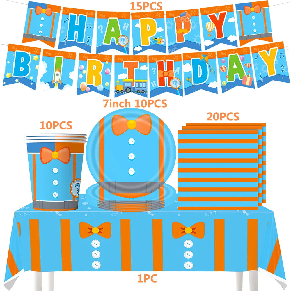 Happy Birthday Party Supplies Set — Cartoon Movie Theme Flag Banner, Paper Tableware, Latex Balloons & Cake Topper Decoration
