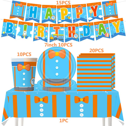 Happy Birthday Party Supplies Set — Cartoon Movie Theme Flag Banner, Paper Tableware, Latex Balloons & Cake Topper Decoration