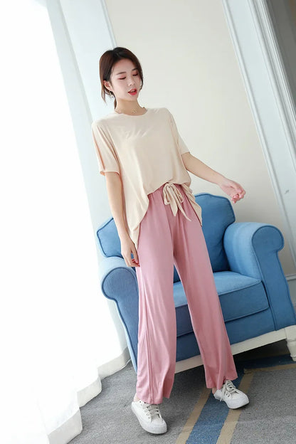 Women's Summer Modal Pajamas Set – Lightweight Short Sleeve Top and Loose Trousers Two-Piece Homewear