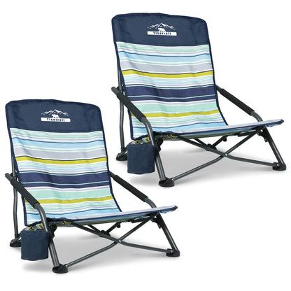 Tisetrail 2-Pack Portable Beach Chairs – Low Back Sling Chairs with Cup Holder, Folding Mesh Sand Chairs for Adults, Lightweight
