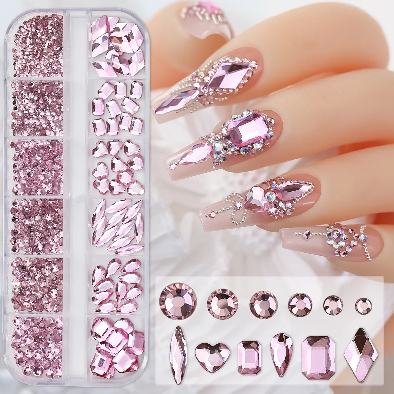 12-Grid 3D Glass AB Crystal Nail Art Rhinestones Kit – Flatback Round Beads with Tools for Nail Jewelry & Diamond Decoration