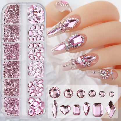 12-Grid 3D Glass AB Crystal Nail Art Rhinestones Kit – Flatback Round Beads with Tools for Nail Jewelry & Diamond Decoration