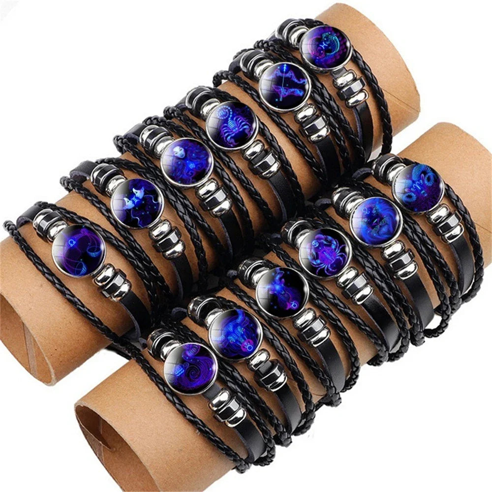 New Men's 12 Constellation Black Braided Leather Bracelet – Punk Style Zodiac Sign Multilayer Wrap Bracelet for Birthday Gifts
