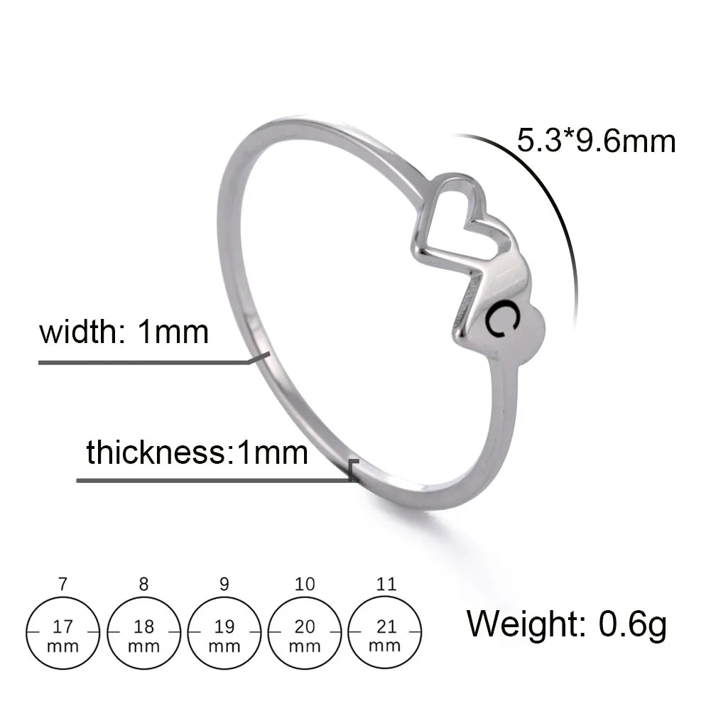 HIPEE Stainless Steel Letter Ring - A-Z Alphabet Double Heart Hollow Charm Ring for Women Wedding Jewelry Gift