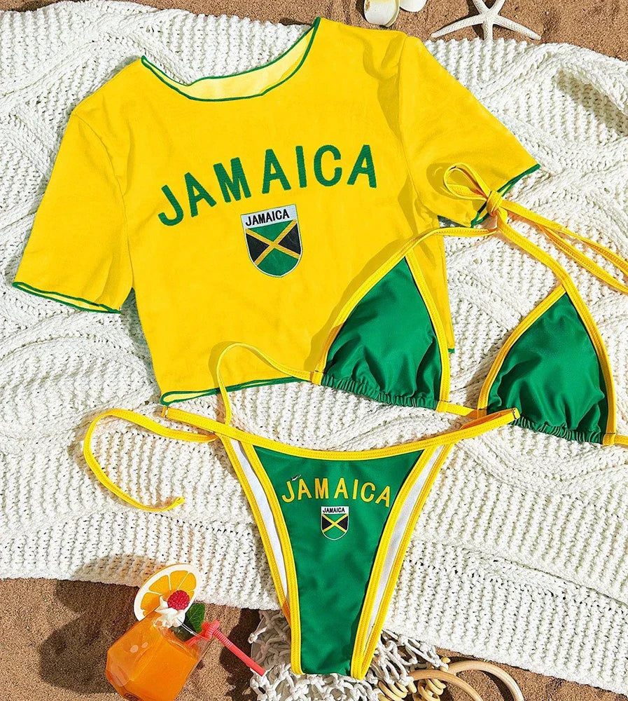 Women’s Brazilian Flag Print Bikini Set – Sexy 3-Piece Thong Split Swimsuit 2026 Summer Beachwear with Short Sleeve Cover Up