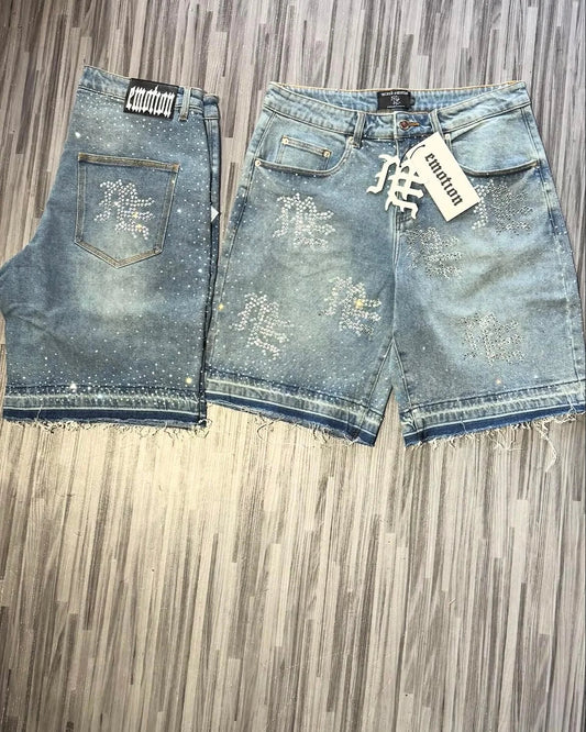 Retro Studded Lettering Denim Shorts – Y2K Vintage Washed Blue Baggy Hip Hop Jeans for Men & Women, Over-the-Knee Pants