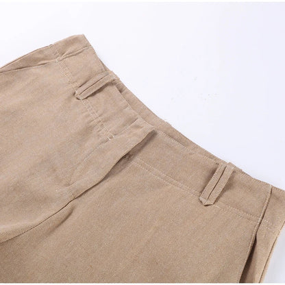 Women’s Cotton Linen Trousers Set — Casual Lapel Crop Top & Straight Pants Streetwear Spring Autumn Outfit