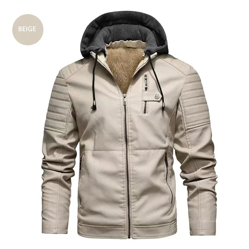 Fashion Men’s Hooded Faux Leather Jacket – Military Style Motorcycle Outwear with Zipper Pockets, Autumn Winter Coat