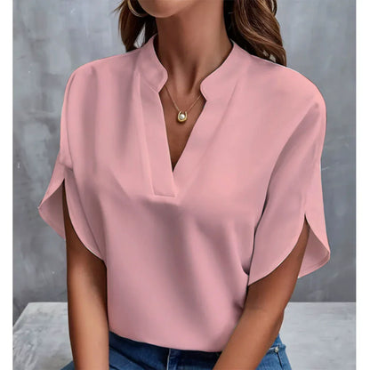 Women’s V-Neck Summer Blouse - Casual Solid Half Sleeve Loose Fit Elegant Office Pullover Shirt Top