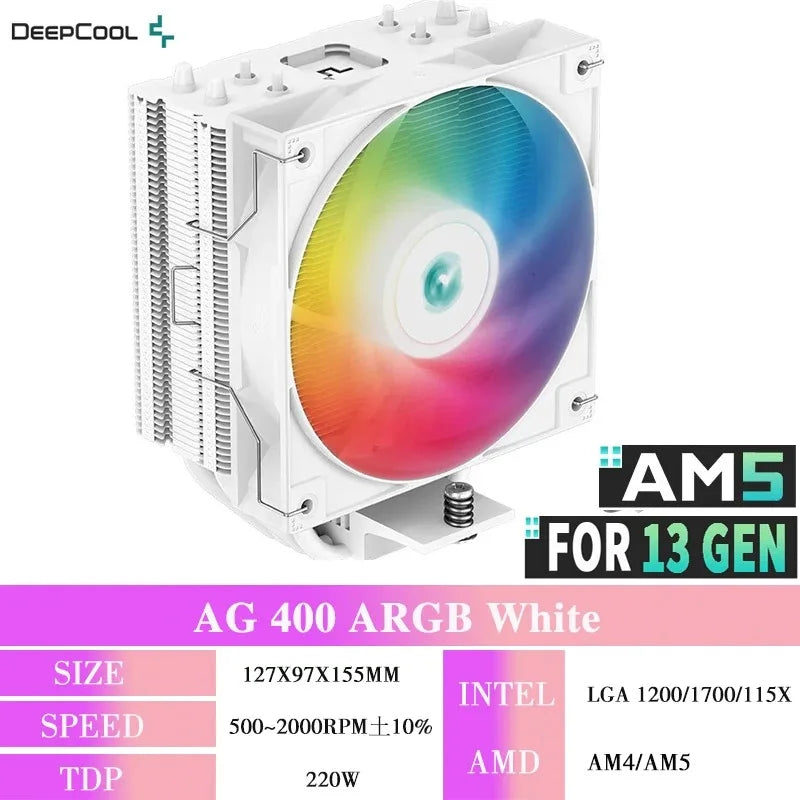DEEPCOOL AG400 CPU Air Cooler — 4 Heat Pipe ARGB PWM Radiator, 220W TDP for Intel LGA1700/1200/115X/1151/1155 & AMD AM4/AM5