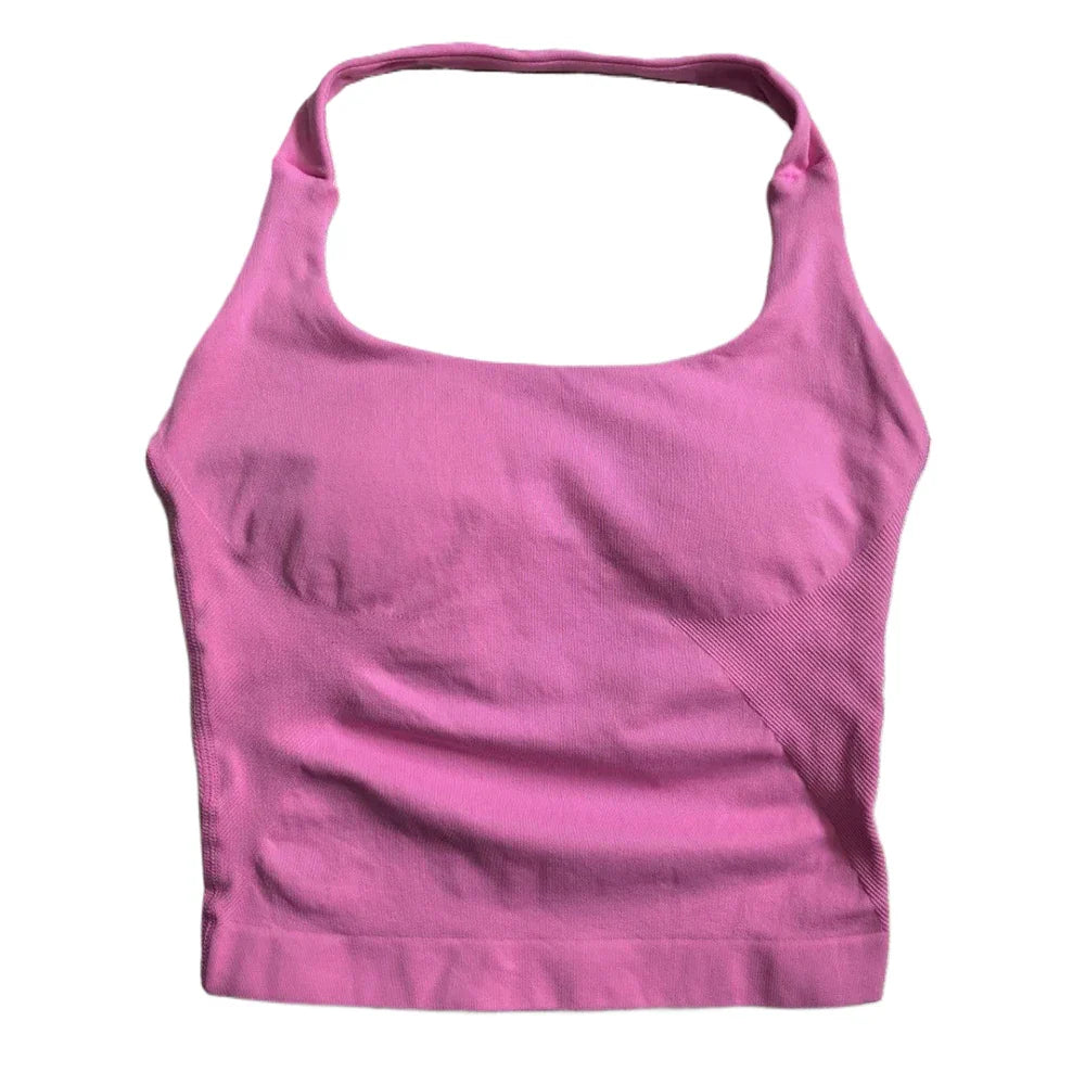 Women’s Strappy Gym Tank Top – Padded Sports Bra Backless Seamless Yoga Crop Top Halter Fitness Vest Activewear