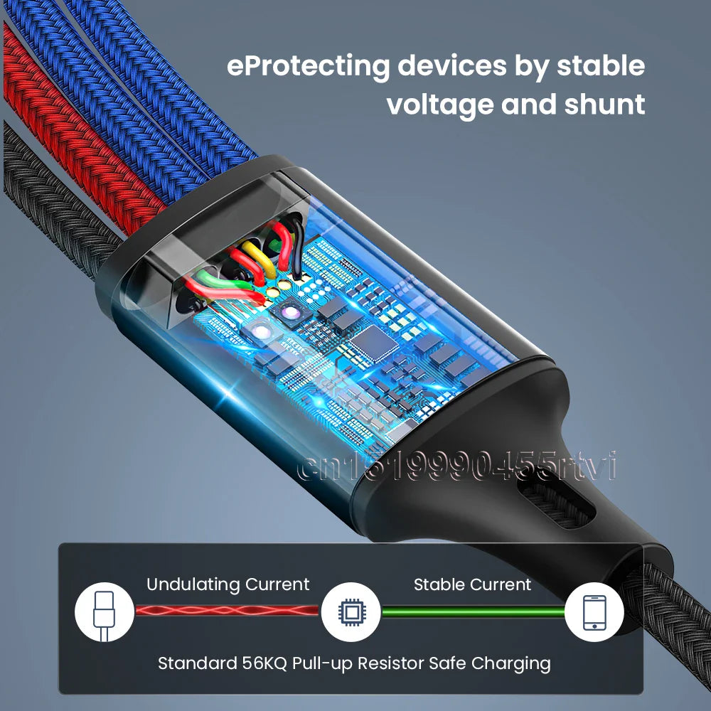 4-in-1 USB Cable for iPhone & Android | Micro USB/Type C/8 Pin Charger | 3A Fast Charging for Huawei, Samsung, Xiaomi