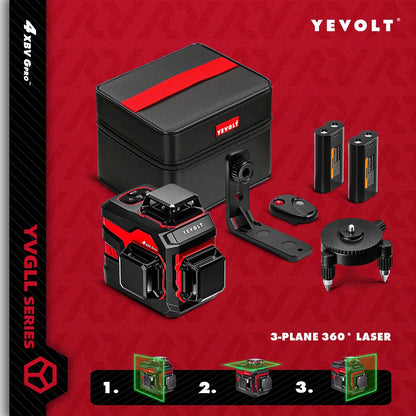 YEVOLT YVGLL4XS12 12-Line Green Laser Level – ±0.2mm/m Precision, IP54 Waterproof, Auto-Leveling with Slope Mode