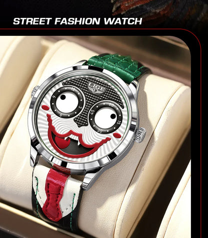 LIGE 2025 Men’s Creative Clown Quartz Watch – Waterproof Leather Strap Joker Fashion Wristwatch