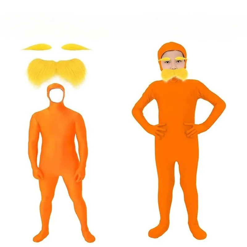 Halloween Orange Jumpsuit Costume - Yellow Moustache Cosplay Bodysuit for Kids & Adults
