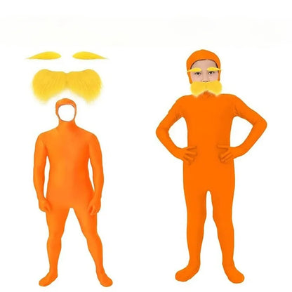Halloween Orange Jumpsuit Costume - Yellow Moustache Cosplay Bodysuit for Kids & Adults