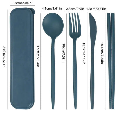 4-Piece Portable Utensils Set - Eco-Friendly Wheat Straw Cutlery - Reusable Chopsticks, Fork, Knife, Spoon