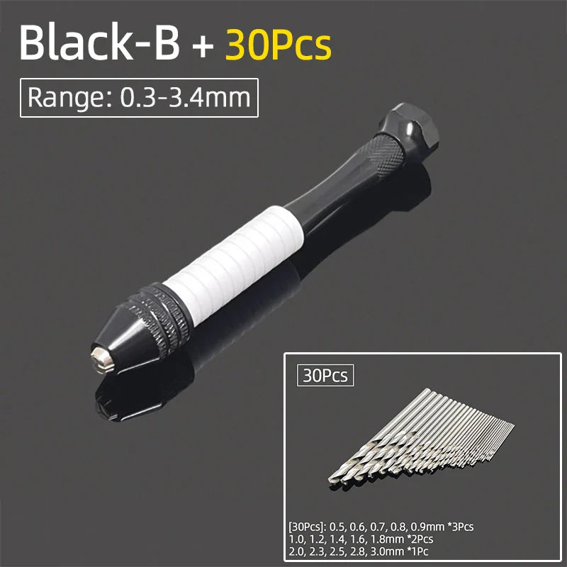 Mini Aluminum Hand Drill 0.3–3.4mm – Keyless Chuck Micro Rotary Tool with HSS Twist Drill Bit Set for Wood & DIY Crafts