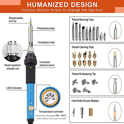 60W Electric Soldering & Pyrography Tool – Adjustable Temperature Wood Burning and Embossing Pen Set