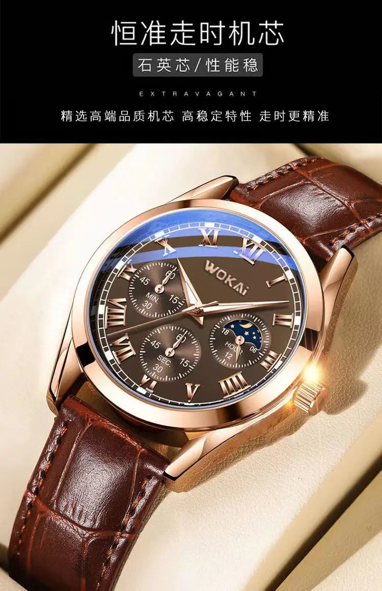 Fashion Business Three-Eye Roman Dial Quartz Watch - Bamboo Belt, Elegant & Stylish Timepiece
