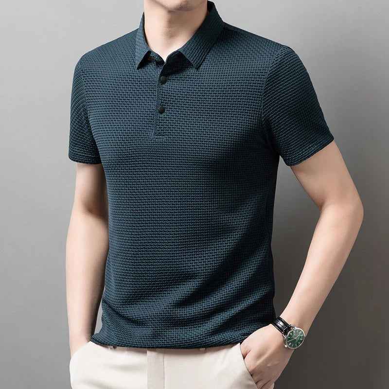 Men’s Business Casual Short Sleeve Polo — Solid Color Floral Summer Shirt, Breathable & Comfortable