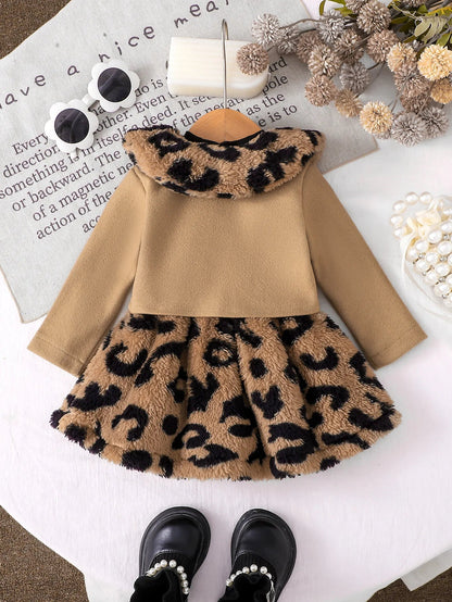 Baby Girl Leopard Print Plush Dress Set - Warm Lapel Short Coat Two-Piece Outfit for Autumn & Winter