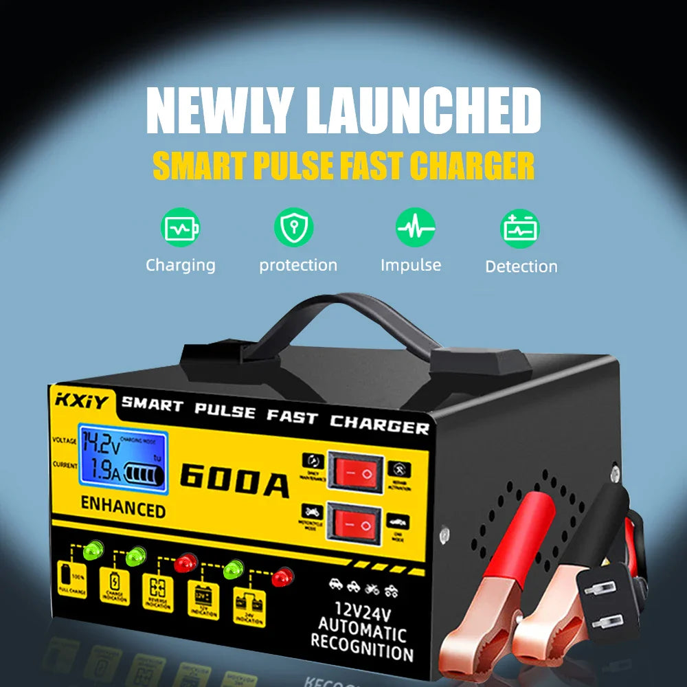 12V/24V Intelligent Car Battery Charger – 600A Digital LCD Pulse Repair with Automatic Stop & Temperature Detection