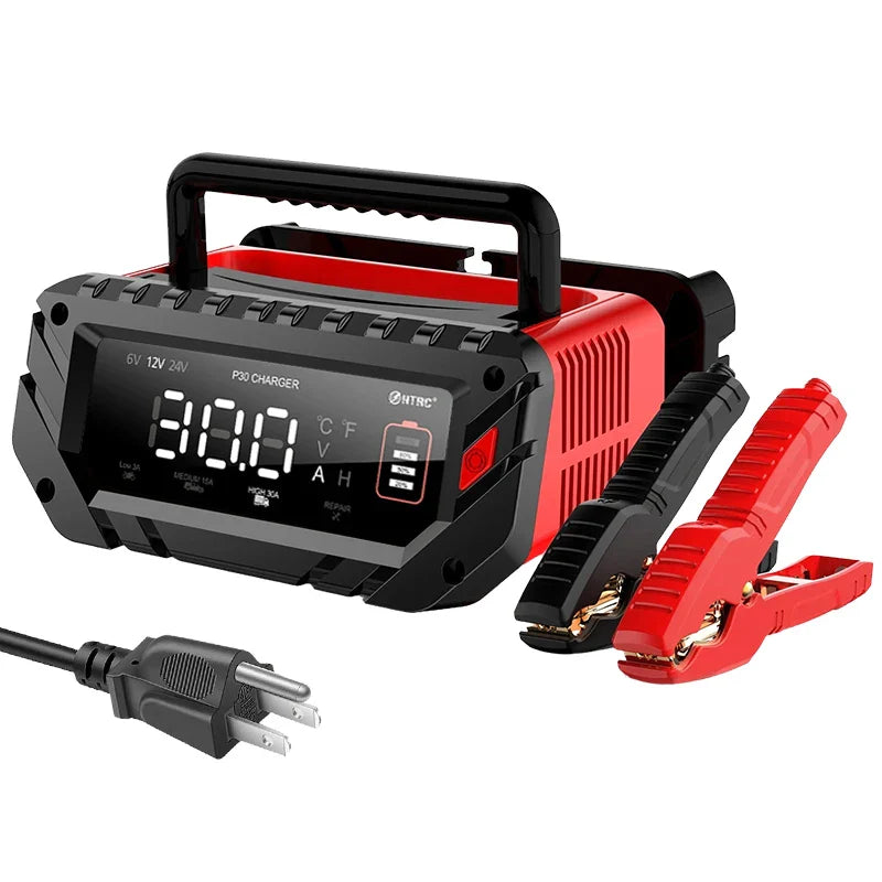 12V/30A & 24V/16A Smart Car Battery Charger — 6V/10A Motorcycle Battery Repair for AGM, GEL, Lithium & LiFePO4 Batteries
