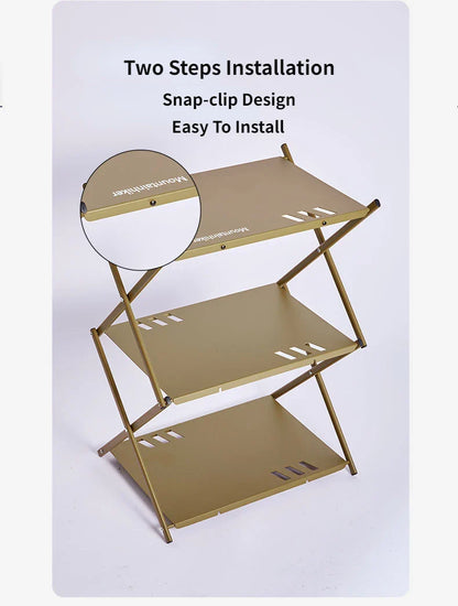 MOUNTAINHIKER Three-Tier Folding Rack – Portable Outdoor Storage Shelf for Camping, Picnic, BBQ & Garden Use