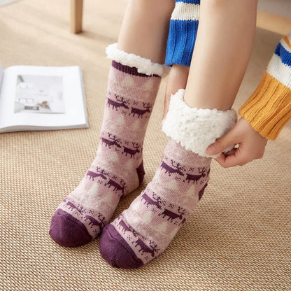 Women’s Winter Plush Socks – Soft Fuzzy Non-Slip Floor Slippers with Penguin, Deer, Elk & Bear, Cozy Christmas Gift