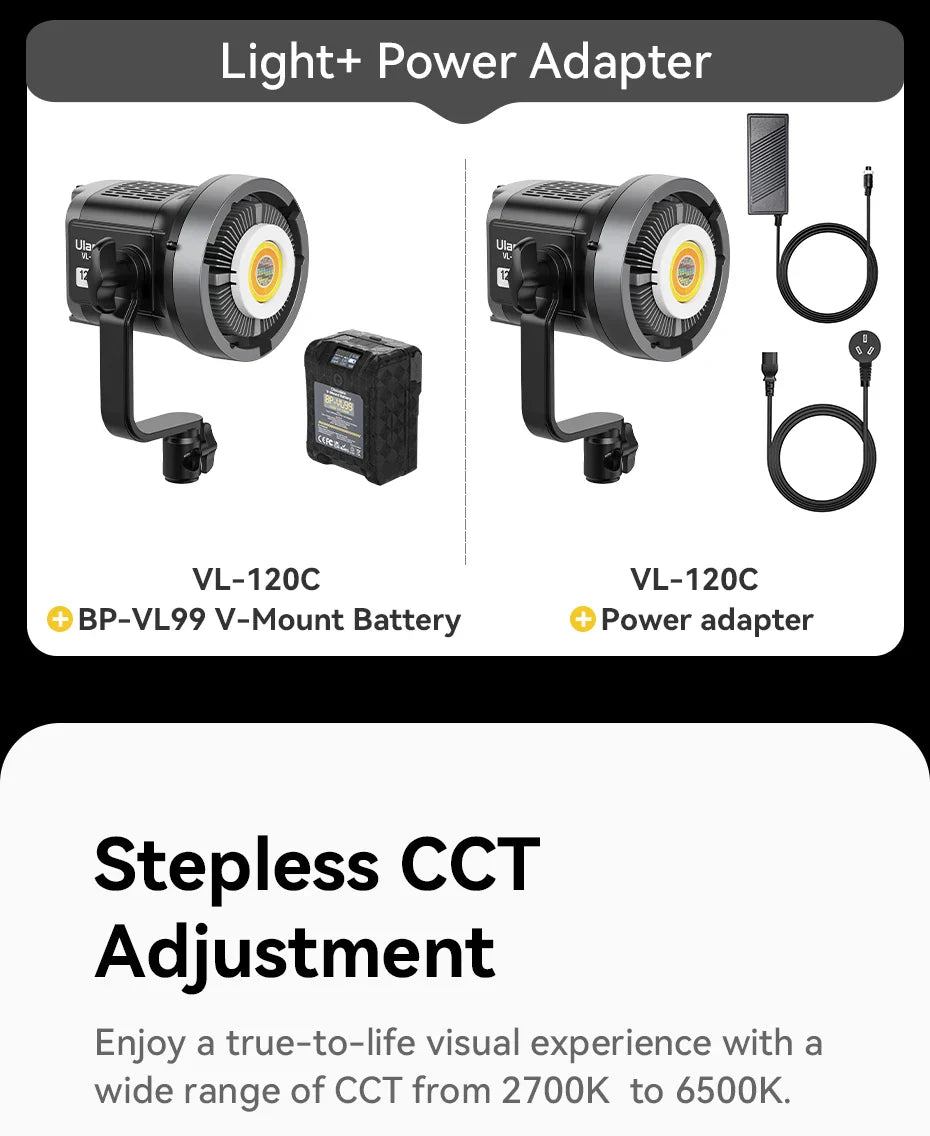 Ulanzi VL-120Bi VL-120C 120W V-Mount COB Light – Wireless APP Control, 2700K-6500K Video Light for Skit Video Photography