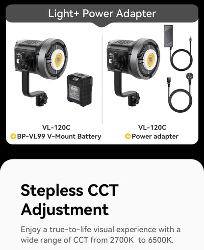 Ulanzi VL-120Bi VL-120C 120W V-Mount COB Light – Wireless APP Control, 2700K-6500K Video Light for Skit Video Photography
