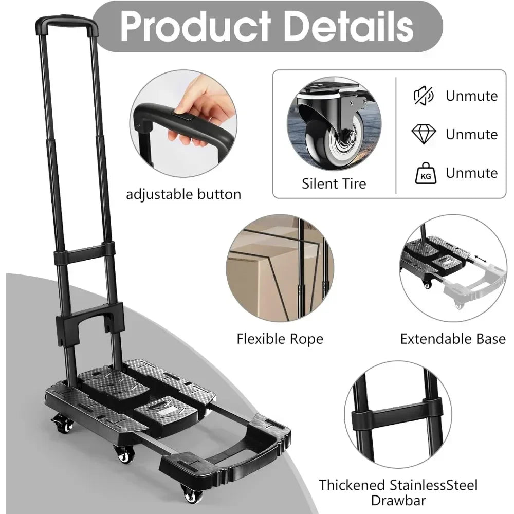 Folding Hand Truck 600lbs – Portable Heavy-Duty 6-Wheel Collapsible Luggage Dolly Cart with 2 Elastic Ropes
